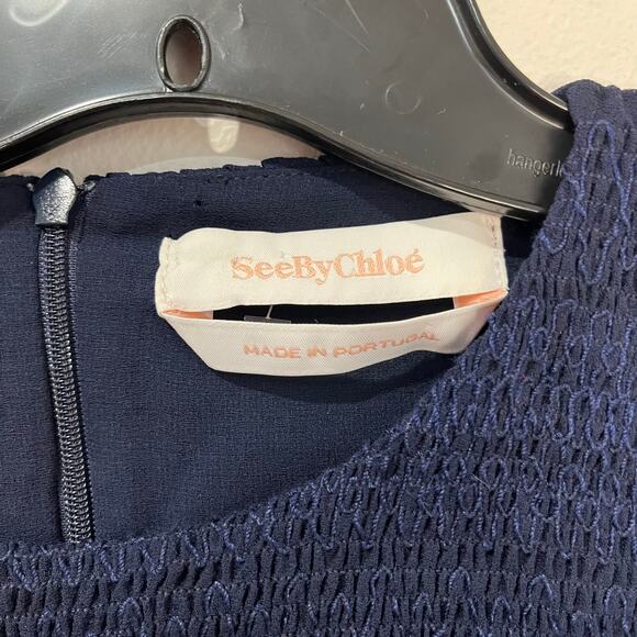 See By Chloe Dark Navy Peasant Top Sheer Sleeves Smocked Bodice Boho Sz 4 - Picture 4 of 13